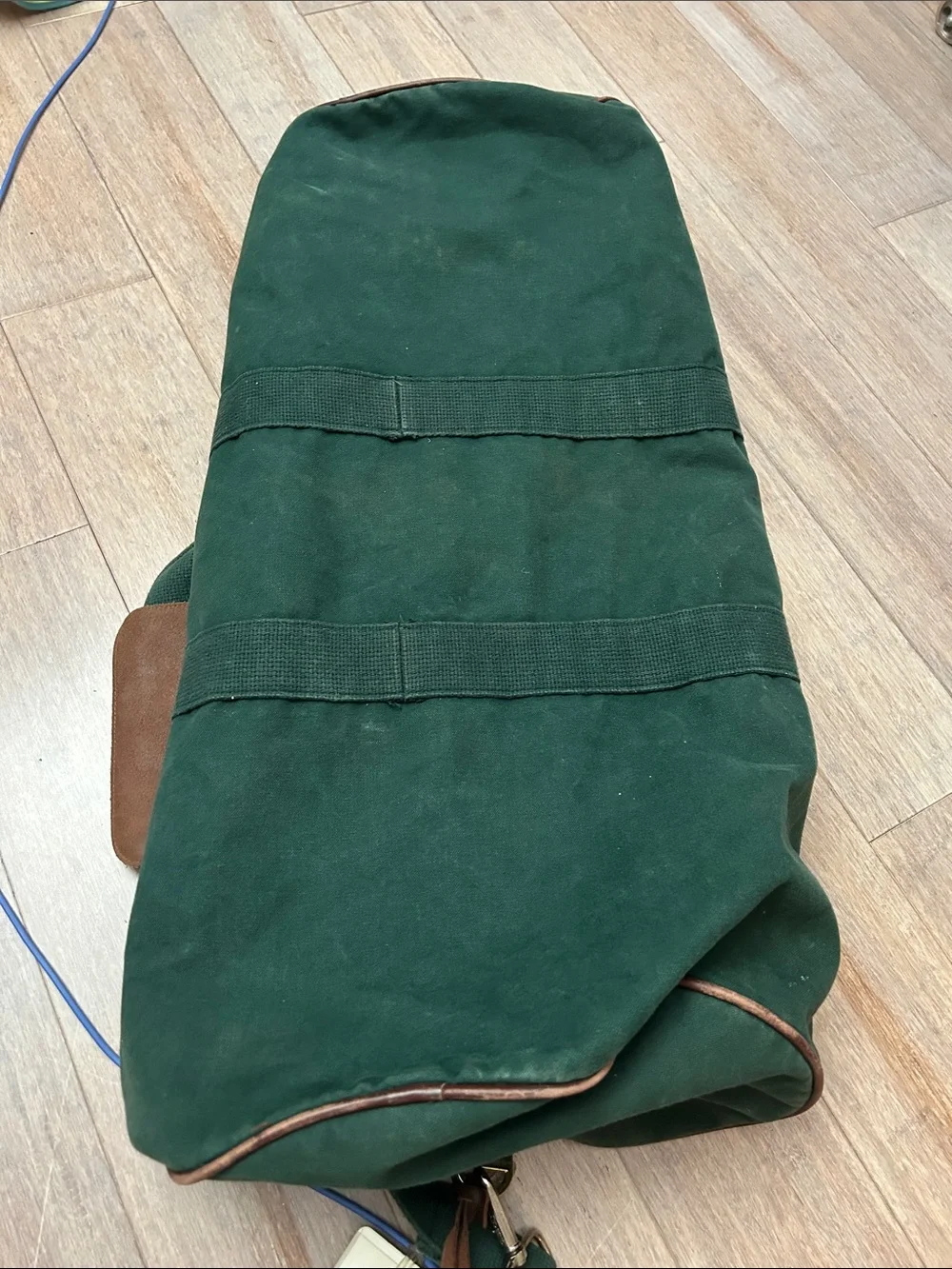 VTG Lands' End Dark Green Canvas Duffel with Brown Trim large square rigger